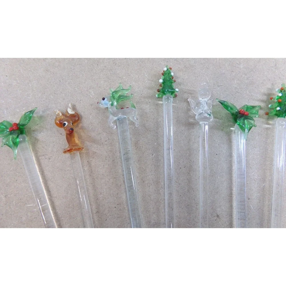 Vintage Christmas Glass Swizzle / Stir Sticks Reindeer Trees Holly & Angel